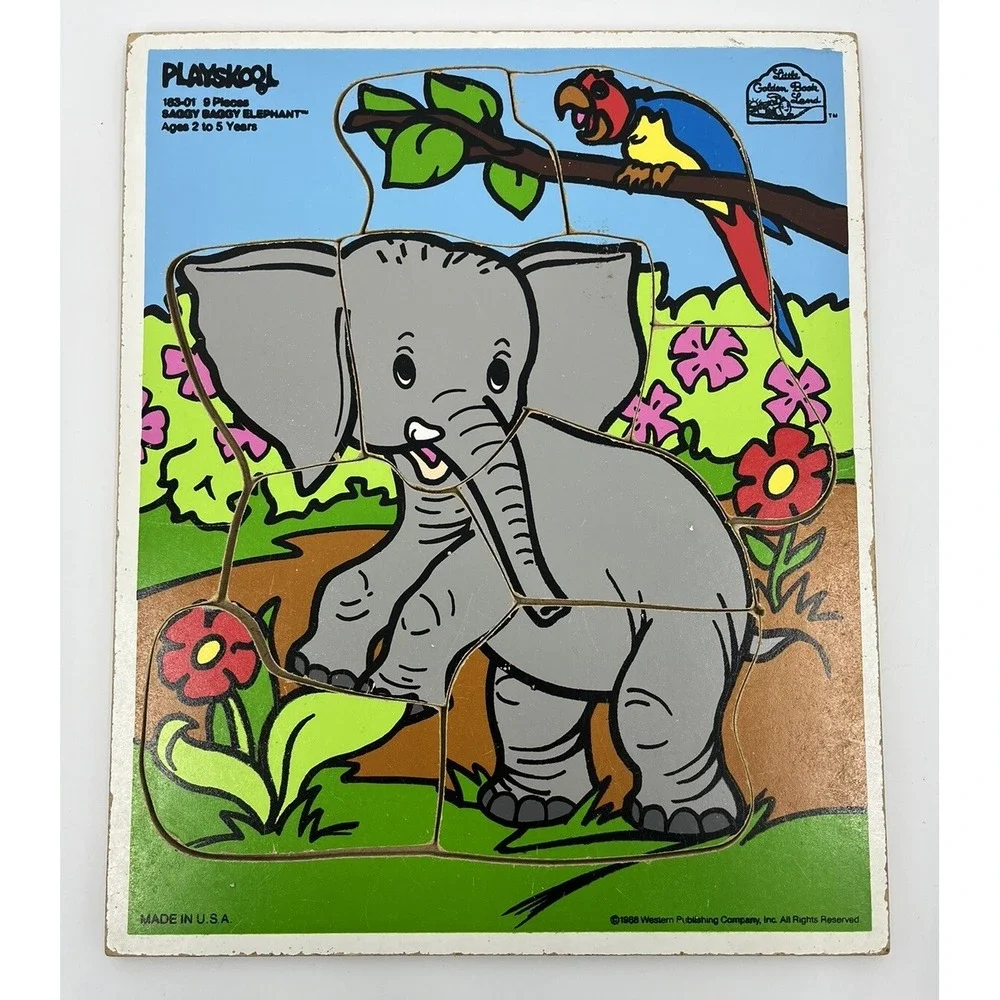 Vintage Playskool Saggy Baggy Elephant Wood Frame Tray Puzzle 9 Pieces USA 1988
